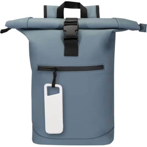 Sac à dos bleu avec batterie blanche suspendue via mousqueton, sans personnalisation visible.