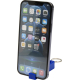 Support de téléphone bleu en plastique maintenant un smartphone en position verticale, sans personnalisation visible.