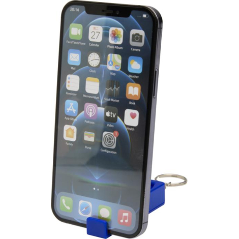Support de téléphone bleu en plastique maintenant un smartphone en position verticale, sans personnalisation visible.