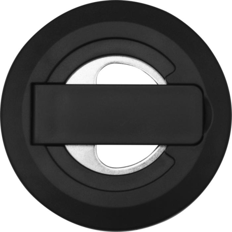 Support circulaire noir vu de dessus, patte rabattable fermée recouvrant le décapsuleur central, sans personnalisation visible.