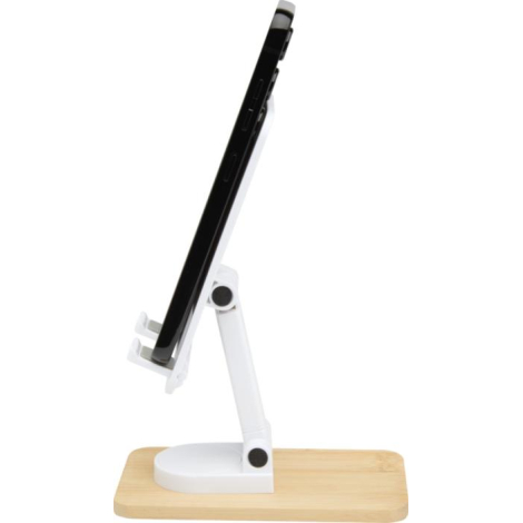 Support blanc ouvert, maintenant un smartphone verticalement sur une base en bambou, sans marquage visible.