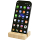 Support de téléphone en bambou avec encoche frontale accueillant un smartphone vertical, marquage visible sur la face avant du s