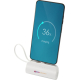 Batterie blanche avec support de téléphone intégré utilisée en position verticale pour recharger un smartphone, marquage visible