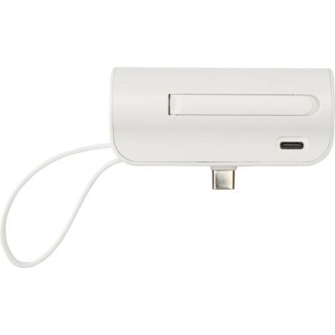Vue du dessus d’une batterie blanche montrant le câble intégré et le port de charge USB-C, sans personnalisation visible.
