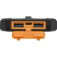 Vue rapprochée des ports USB et USB-C protégés par un cache orange, sans personnalisation visible.