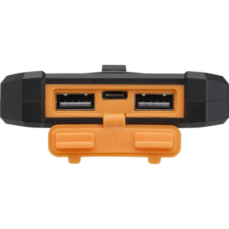 Vue rapprochée des ports USB et USB-C protégés par un cache orange, sans personnalisation visible.