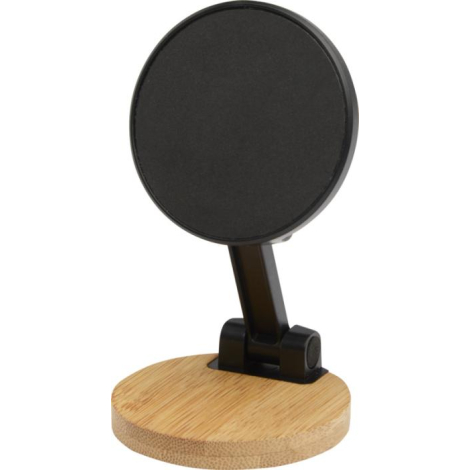 Support de téléphone magnétique noir à base circulaire en bambou présenté debout, sans personnalisation visible.