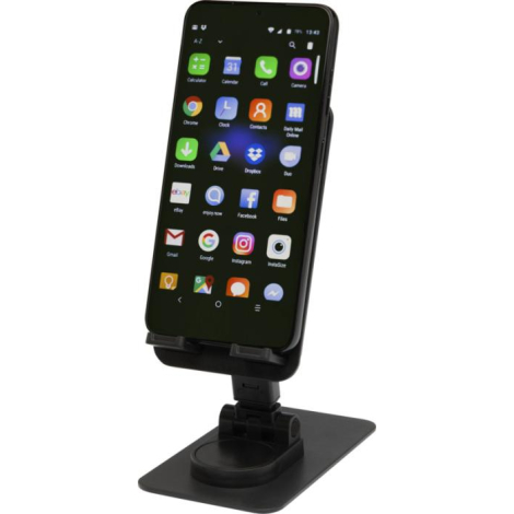 Support de téléphone noir en position ouverte maintenant un smartphone verticalement, sans personnalisation visible.