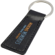 Porte-clés Puky noir rectangulaire en matière souple recyclée, couture apparente et anneau métallique, marquage visible sur la f