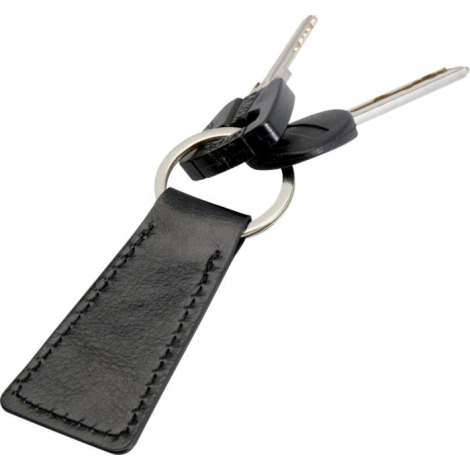 Porte-clés noir avec anneau métallique et deux clés accrochées, sans personnalisation visible.