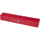 Pilulier semainier rouge en plastique avec sept compartiments à couvercle rabattable, marquage visible sur la face avant.
