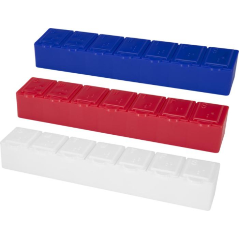 Ensemble de trois piluliers présentés côte à côte en coloris bleu, rouge et blanc, sans personnalisation visible.