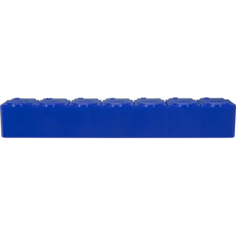 Pilulier bleu vu de face, alignement des compartiments sur toute la longueur, aucun marquage apparent.