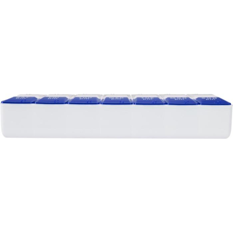 Pilulier bleu vu de face, base blanche et compartiments alignés sur toute la longueur, aucun marquage apparent.