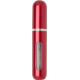 Flacon de parfum portable rouge métallisé présenté de face, corps cylindrique avec fenêtre verticale et bande argentée au centre