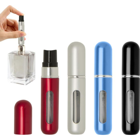 Ensemble de flacons de parfum rechargeables en plusieurs coloris métallisés – argenté, rouge, bleu et noir – avec capuchon amovi