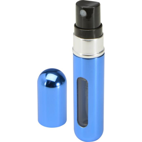 Flacon de parfum portable bleu métallisé avec capuchon retiré montrant la buse de pulvérisation noire, sans personnalisation app