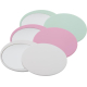Ensemble de miroirs ronds en coloris pastel — vert, rose et blanc — présentés fermés, sans personnalisation visible.
