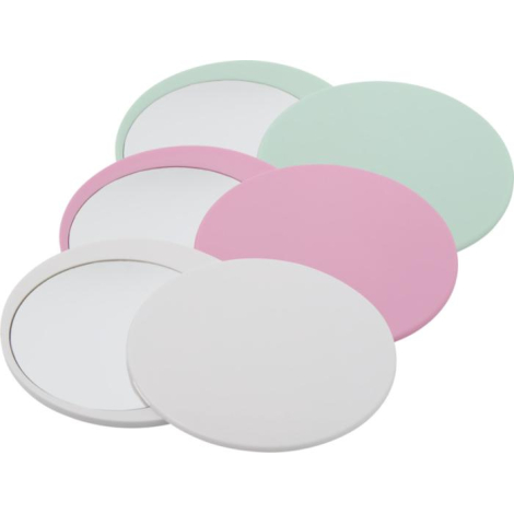 Ensemble de miroirs ronds en coloris pastel — vert, rose et blanc — présentés fermés, sans personnalisation visible.