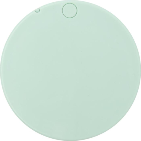 Miroir rond vert vu de dos, surface unie avec repère circulaire discret en haut, sans marquage apparent.