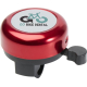 Sonnette de vélo rouge métallisée avec levier noir, présentée en trois-quarts, marquage visible sur le dessus. Sonnette de vélo rouge métallisée avec levier noir, présentée en trois-quarts, marquage visible sur le dessus.