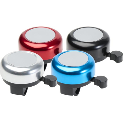 Ensemble de sonnettes de vélo en quatre coloris — rouge, noir, argent et bleu — disposées côte à côte, sans personnalisation vis Ensemble de sonnettes de vélo en quatre coloris — rouge, noir, argent et bleu — disposées côte à côte, sans personnalisation vis