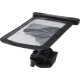 Support de téléphone noir avec pochette transparente et fixation pour guidon, présenté en trois-quarts, zone de marquage visible