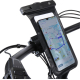 Support fixé sur un guidon de vélo avec smartphone visible dans la pochette transparente, aucun marquage apparent.