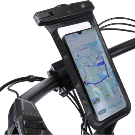 Support fixé sur un guidon de vélo avec smartphone visible dans la pochette transparente, aucun marquage apparent.
