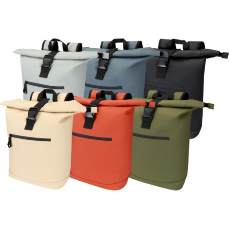 Six sacs à dos présentés côte à côte en plusieurs coloris : beige, orange, vert kaki, bleu clair, bleu foncé et noir. Aucune per
