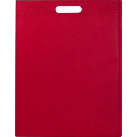 Sac shopping plat rouge avec poignées découpées intégrées, vu de face. Aucune personnalisation visible.