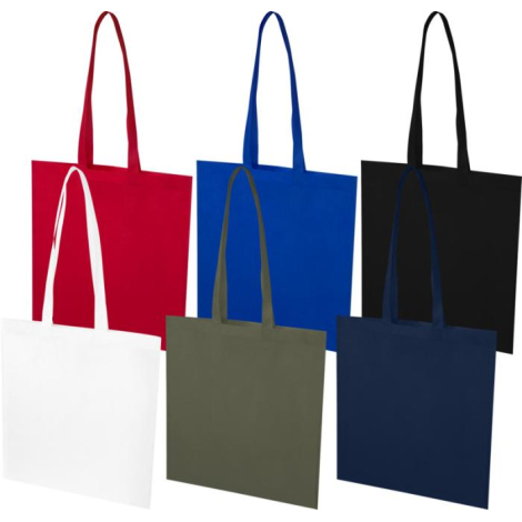 Ensemble de six sacs cabas plats présentés en éventail, de couleurs blanche, rouge, bleue, kaki, noire et marine. Aucune personn