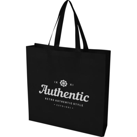 Sac cabas noir à soufflets avec anses longues, présenté de trois-quarts. Marquage visible sur la face avant.