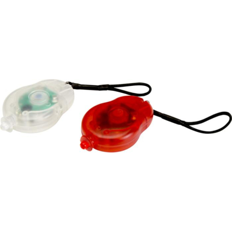 Lampes de vélo ovales rouge et translucide, équipées d’une lanière noire, présentées côte à côte, sans marquage apparent.