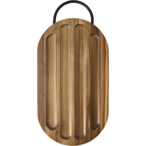 Planche à découper ovale en bois d’acacia, vue du dessus, avec poignée noire arrondie et rainures longitudinales visibles. Aucun Planche à découper ovale en bois d’acacia, vue du dessus, avec poignée noire arrondie et rainures longitudinales visibles. Aucun