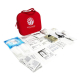 Trousse de premiers secours rigide de couleur rouge avec poignée textile et fermeture zippée, accompagnée de divers accessoires 