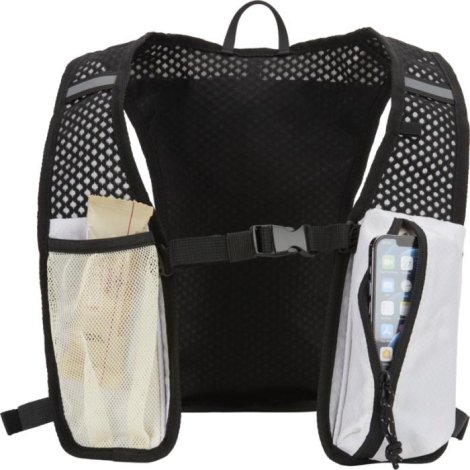 Vue arrière du gilet de course noir avec poches en maille contenant des accessoires et un téléphone. Aucune personnalisation vis Vue arrière du gilet de course noir avec poches en maille contenant des accessoires et un téléphone. Aucune personnalisation vis