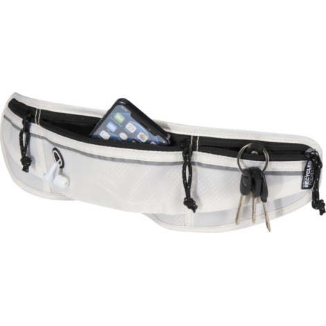 Ceinture de course blanche avec poches zippées, contenant un téléphone, des écouteurs et des clés. Aucune personnalisation visib Ceinture de course blanche avec poches zippées, contenant un téléphone, des écouteurs et des clés. Aucune personnalisation visib