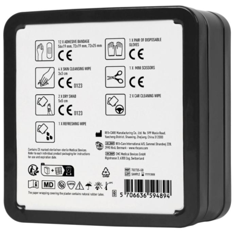 Vue arrière de la boîte présentant la liste des éléments contenus et les pictogrammes d’utilisation. Aucune personnalisation vis