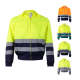 Veste bicolore jaune fluorescent avec bandes réfléchissantes grises et empiècements bleu marine, col chemise et fermeture zippée Veste bicolore jaune fluorescent avec bandes réfléchissantes grises et empiècements bleu marine, col chemise et fermeture zippée