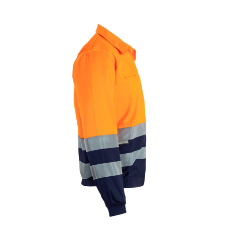 Veste orange fluorescent avec bandes grises et empiècements bleu marine, vue de profil droit Veste orange fluorescent avec bandes grises et empiècements bleu marine, vue de profil droit
