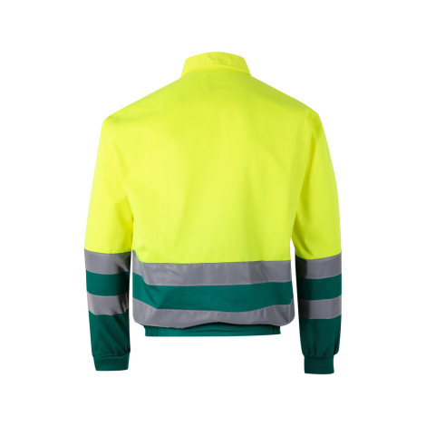 Vue arrière d’une veste jaune fluorescent avec bandes grises et empiècements verts Vue arrière d’une veste jaune fluorescent avec bandes grises et empiècements verts