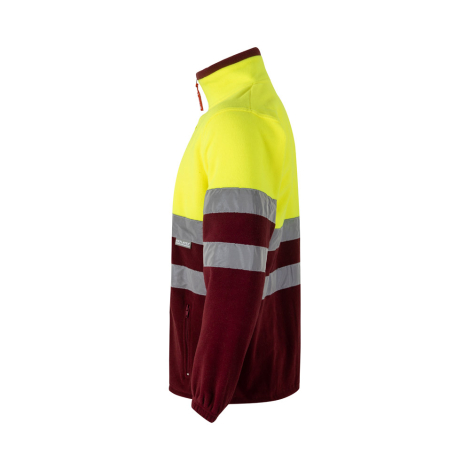 Vue latérale d’un modèle jaune et bordeaux avec bandes réfléchissantes sur torse et manches, sans personnalisation apparente. Vue latérale d’un modèle jaune et bordeaux avec bandes réfléchissantes sur torse et manches, sans personnalisation apparente.