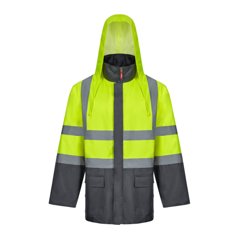 Vue avant d’un modèle jaune avec capuche relevée, sans personnalisation. Vue avant d’un modèle jaune avec capuche relevée, sans personnalisation.