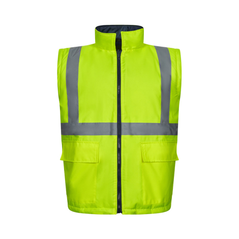 Vue avant d’un modèle sans manches jaune fluorescent avec poches à rabats, sans marquage apparent. Vue avant d’un modèle sans manches jaune fluorescent avec poches à rabats, sans marquage apparent.