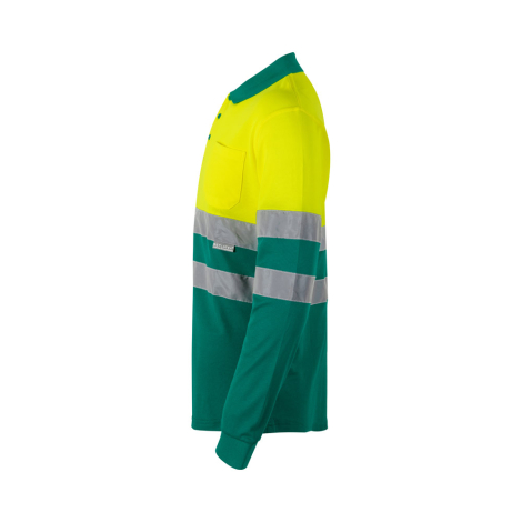 Vue latérale d’un modèle jaune et vert avec bandes réfléchissantes sur torse et bras, sans personnalisation visible. Vue latérale d’un modèle jaune et vert avec bandes réfléchissantes sur torse et bras, sans personnalisation visible.