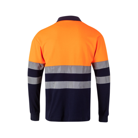 Vue arrière d’un modèle orange et marine présentant les bandes réfléchissantes sur le dos et les manches, sans marquage visible. Vue arrière d’un modèle orange et marine présentant les bandes réfléchissantes sur le dos et les manches, sans marquage visible.