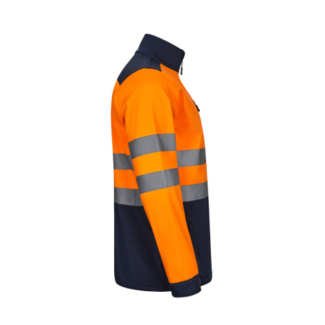 Vue latérale d’un modèle orange et marine avec bandes réfléchissantes sur les manches et le torse, sans personnalisation apparen Vue latérale d’un modèle orange et marine avec bandes réfléchissantes sur les manches et le torse, sans personnalisation apparen