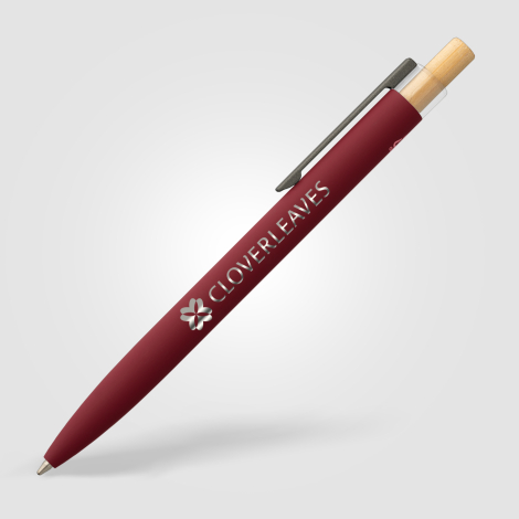 Stylo bille bordeaux avec clip foncé et bouton poussoir imitation bois clair, marquage visible sur le corps. Stylo bille bordeaux avec clip foncé et bouton poussoir imitation bois clair, marquage visible sur le corps.