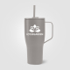 Mug gris chaud isotherme avec anse et paille assorties, marquage visible. Mug gris chaud isotherme avec anse et paille assorties, marquage visible.